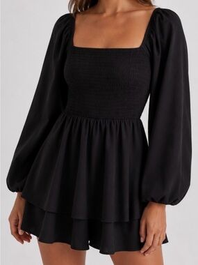 Express Black Smocked Square Neck Romper with Balloon Sleeves
